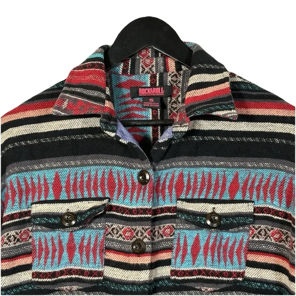 Rock & Roll Denim Women's Southwestern Aztec Stripe Print Button Down Red Blue